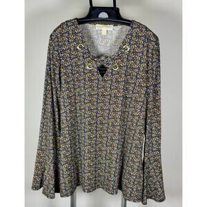 Michael Kors Floral Top Blouse Bell Sleeve V Neck Gold & Black Women's Sz L